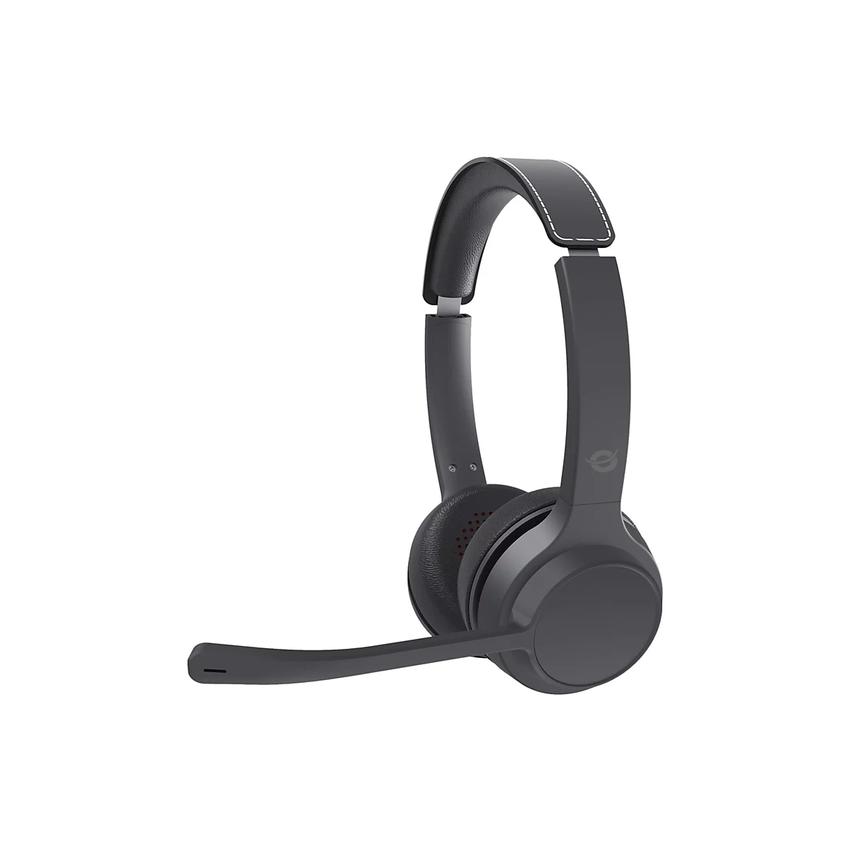 Schwarzes On-Ear-Headset mit verstellbarem Kopfbügel, Lederpolstern und einem ausladenden Mikrofonarm.