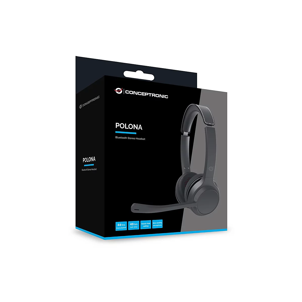 Schwarze Conceptronic Polona Bluetooth-Headset-Verpackung mit abgebildetem Kopfhörer und technischen Daten.