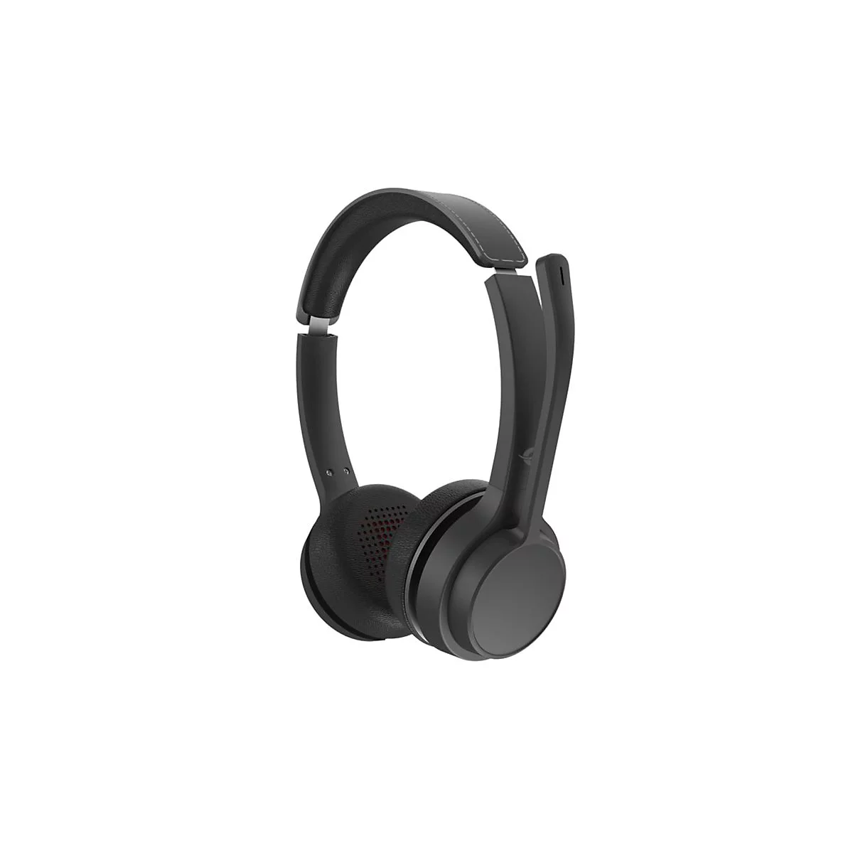 Schwarzes On-Ear-Headset mit gepolstertem Kopfbügel und Mikrofonarm vor weißem Hintergrund.