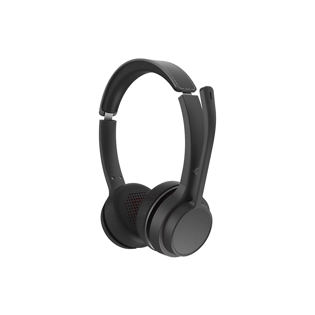 Schwarzes On-Ear-Headset mit Kopfbügel und Mikrofonarm vor weißem Hintergrund.
