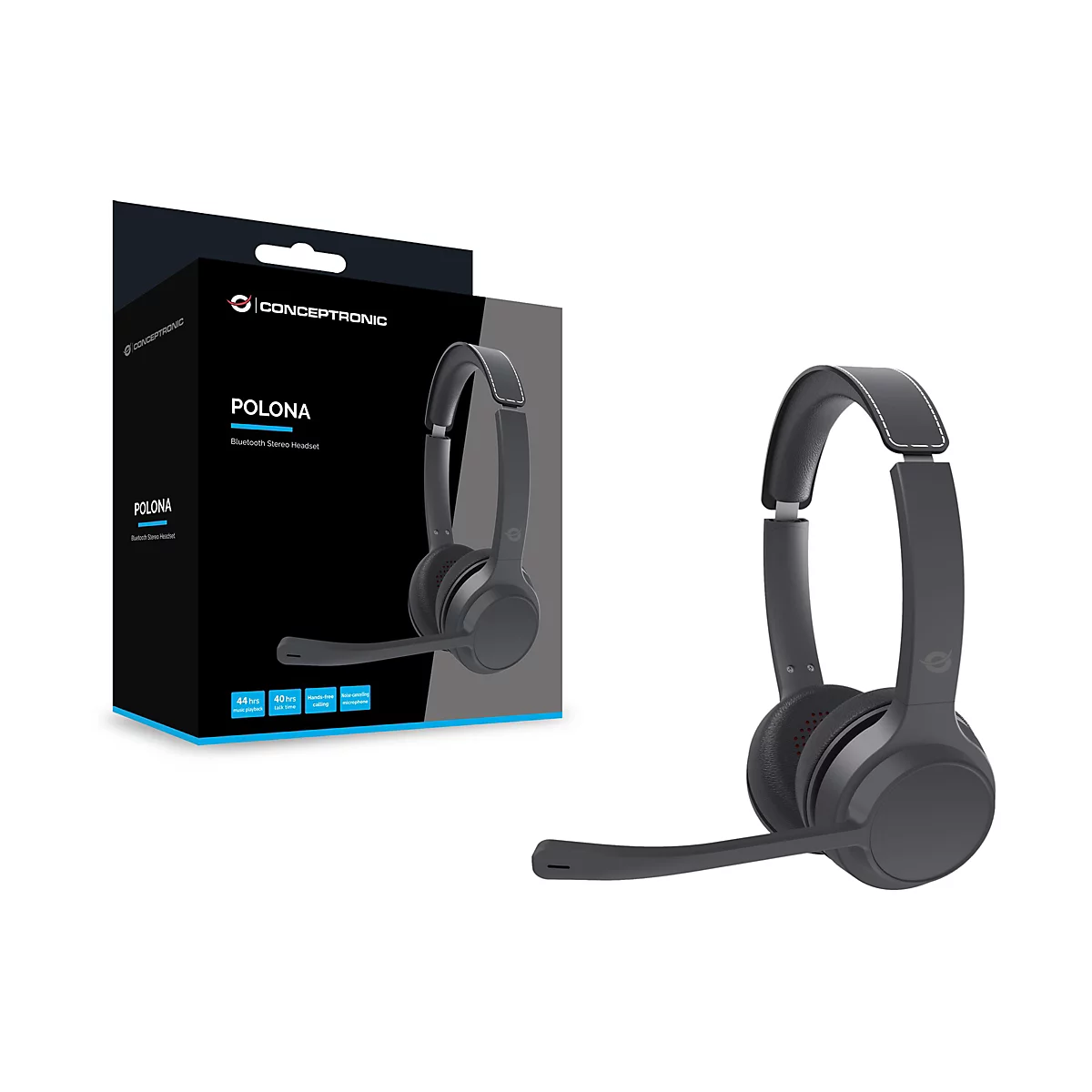 Schwarzes Conceptronic Polona Bluetooth-Headset vor seiner Verpackung auf weißem Hintergrund.