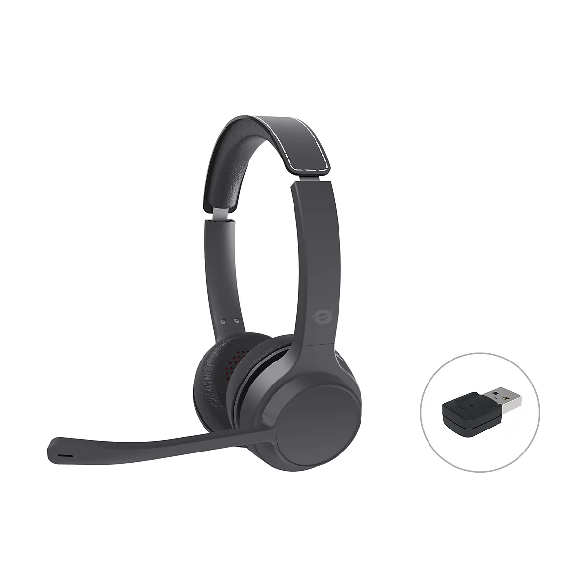 Dunkelgraues kabelloses Headset mit Mikrofonarm und separatem USB-Dongle auf weißem Hintergrund.