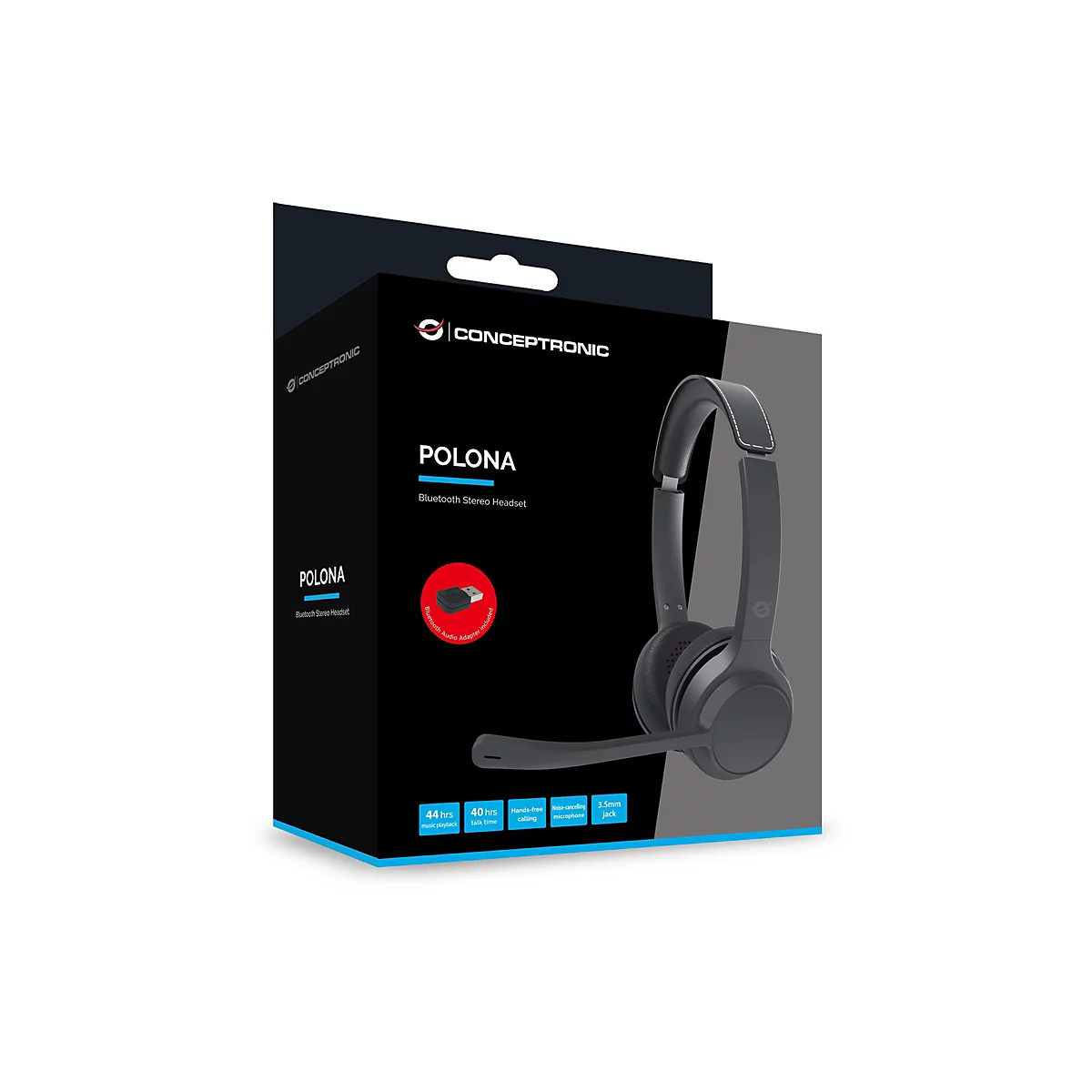 Conceptronic Polona Bluetooth-Headset in schwarzer Verpackung mit Mikrofonarm und Produktinfos.