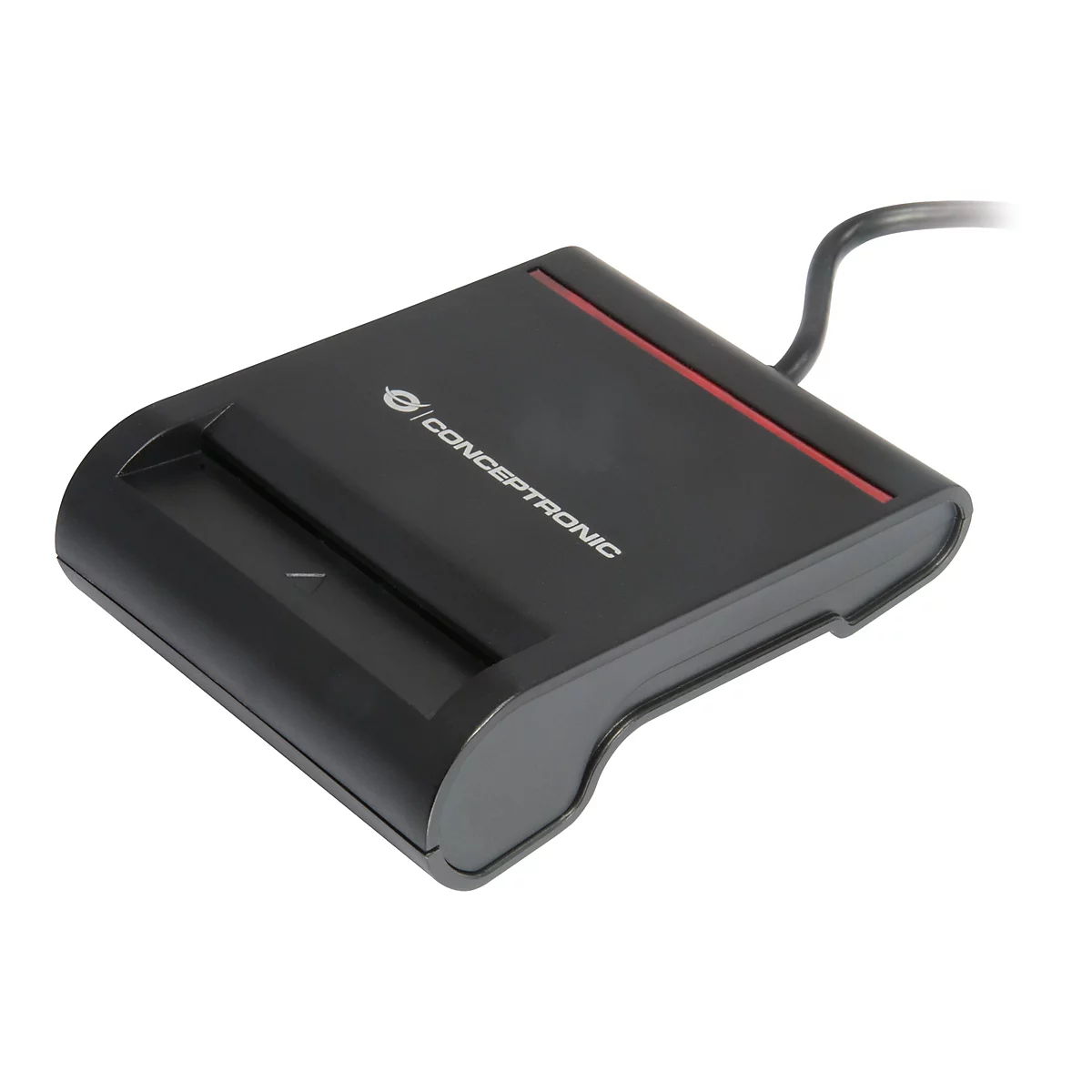 Schwarzes Conceptronic Smartcard-Lesegerät mit roter Statusleuchte vor neutralem Hintergrund.