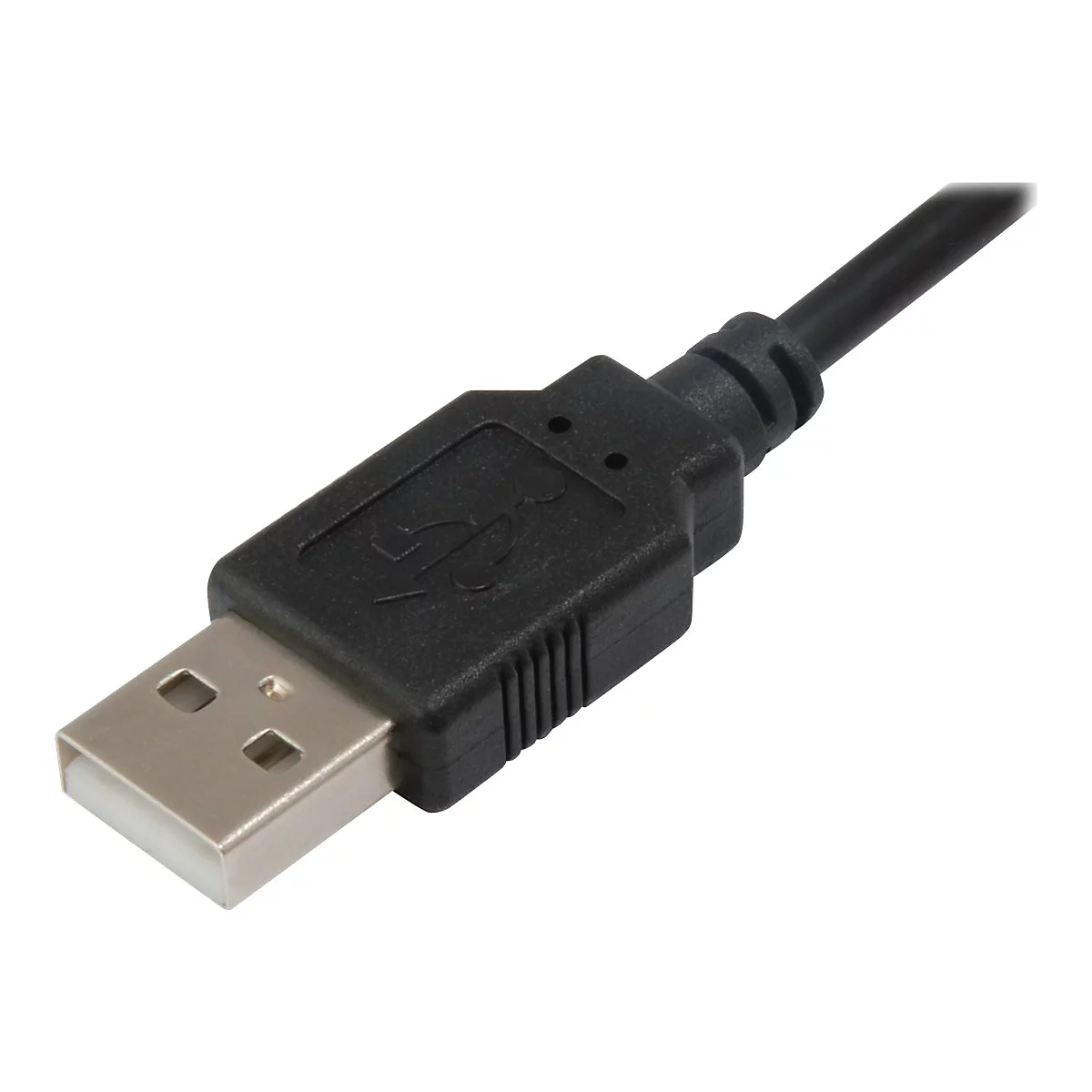 Nahaufnahme eines schwarzen USB-A-Steckers an einem schwarzen Kabel vor weißem Hintergrund.