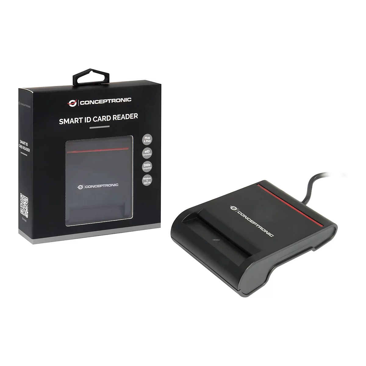 Schwarzer Conceptronic Smart-ID-Kartenleser mit dazugehöriger Verpackung vor weißem Hintergrund.