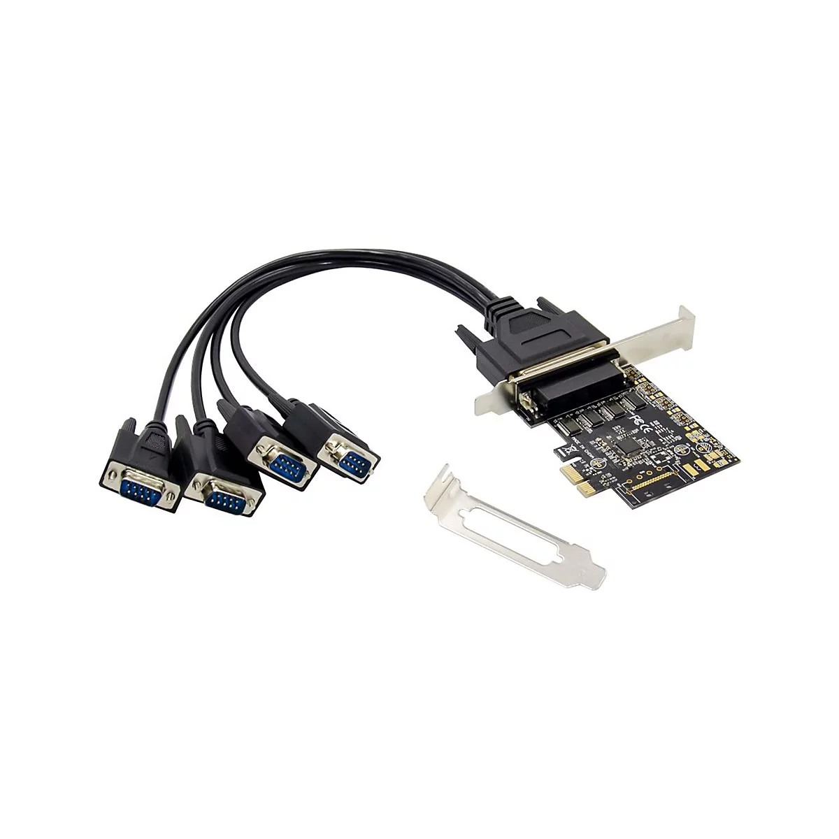 Eine schwarze Karte mit mehreren schwarzen VGA-Steckern. Auf der Platine sind kleine Beschriftungen zu sehen.