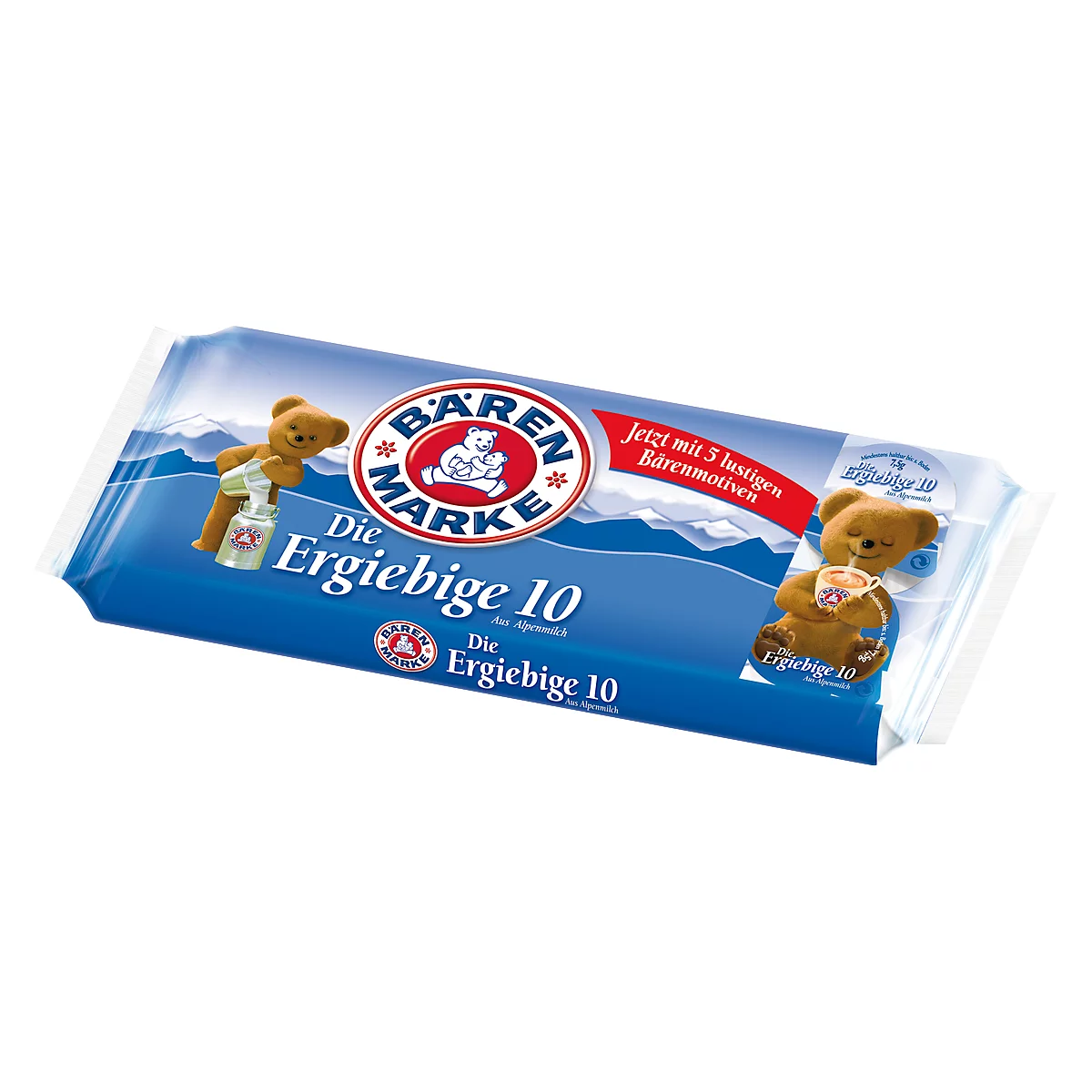 Bärenmarke milk packaging. Print with bears, lettering 'Die Ergiebige 10' and logo.