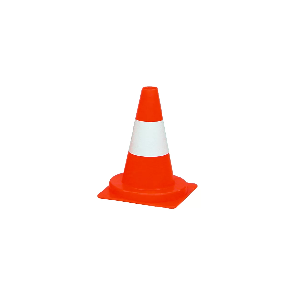 Un cône de signalisation orange vif avec une large bande réfléchissante blanche sur une base carrée.