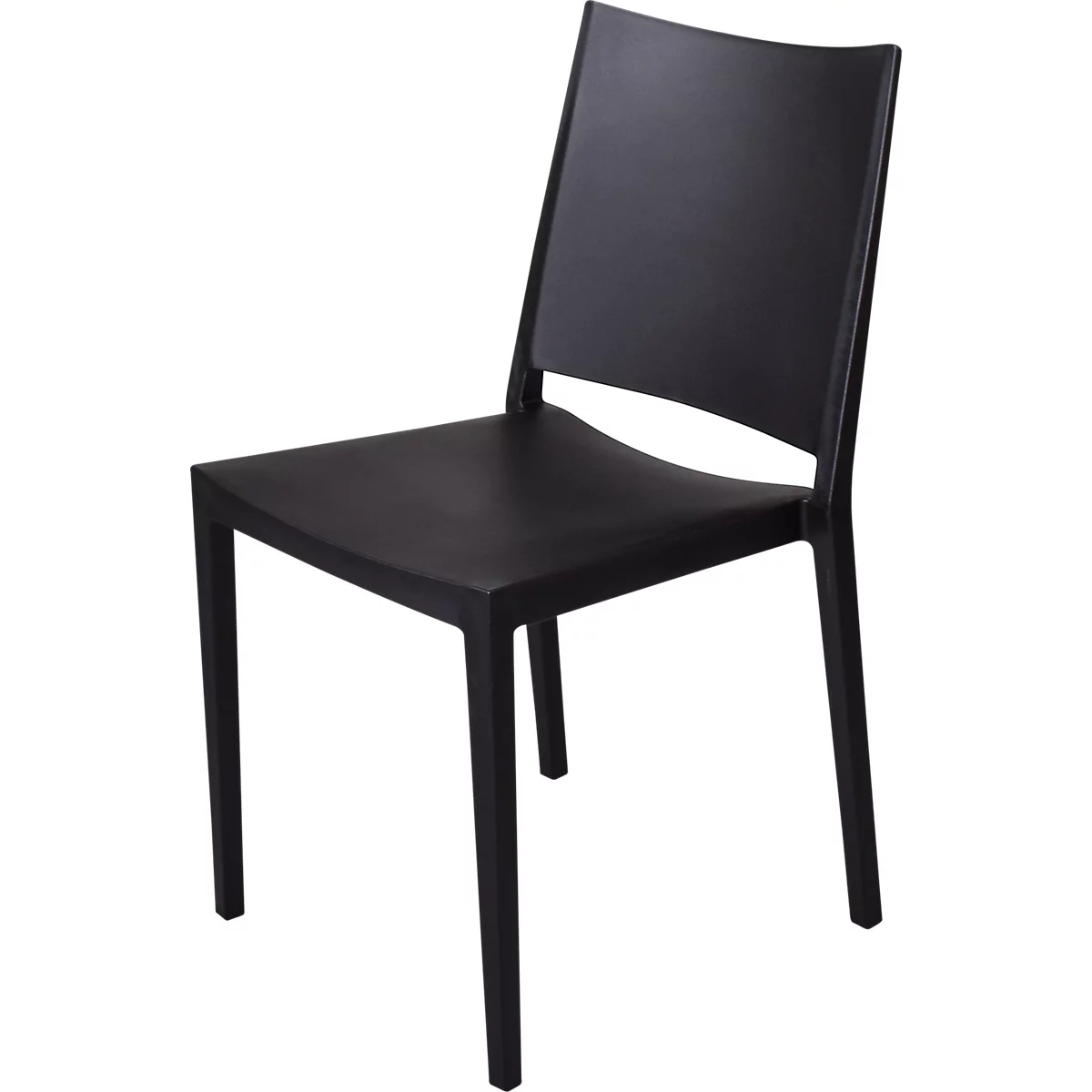 Black chair, cast from one piece, with backrest. On a white background.