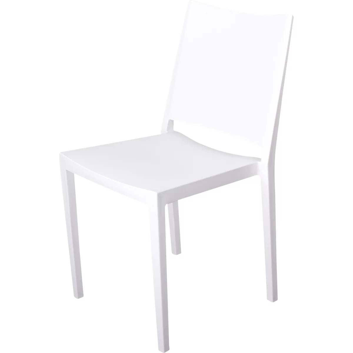 White plastic chair, minimalist design. Square seat, straight back.