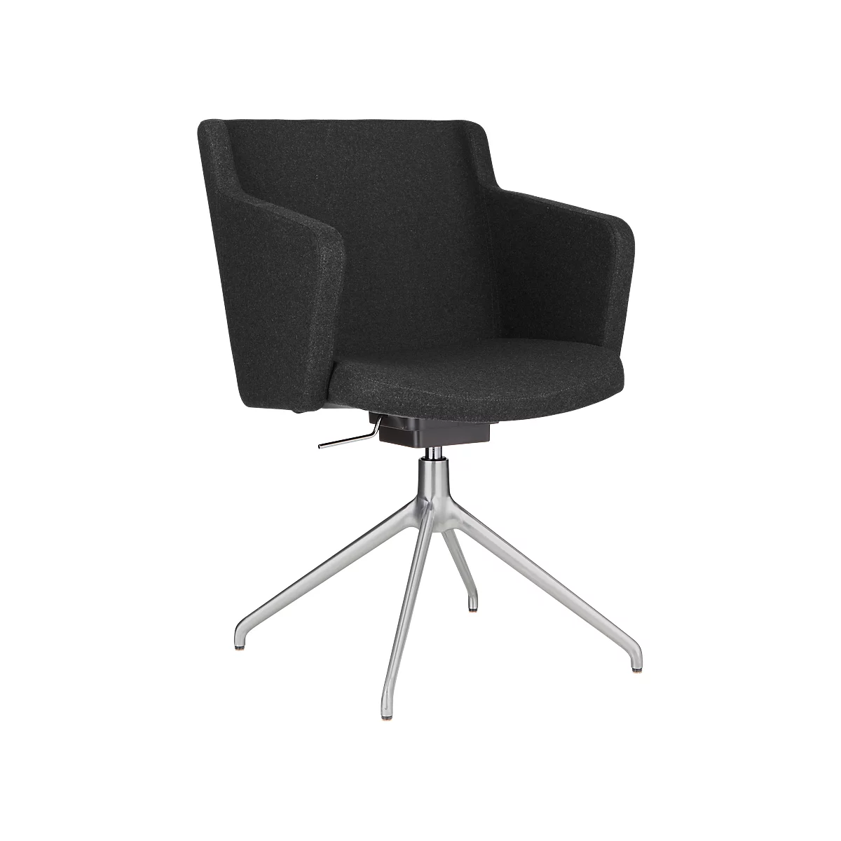 Black office chair with armrests and silver legs, standing on a white background.