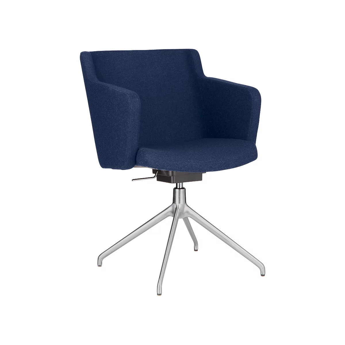 Blue office chair with armrests, silver base and seat.