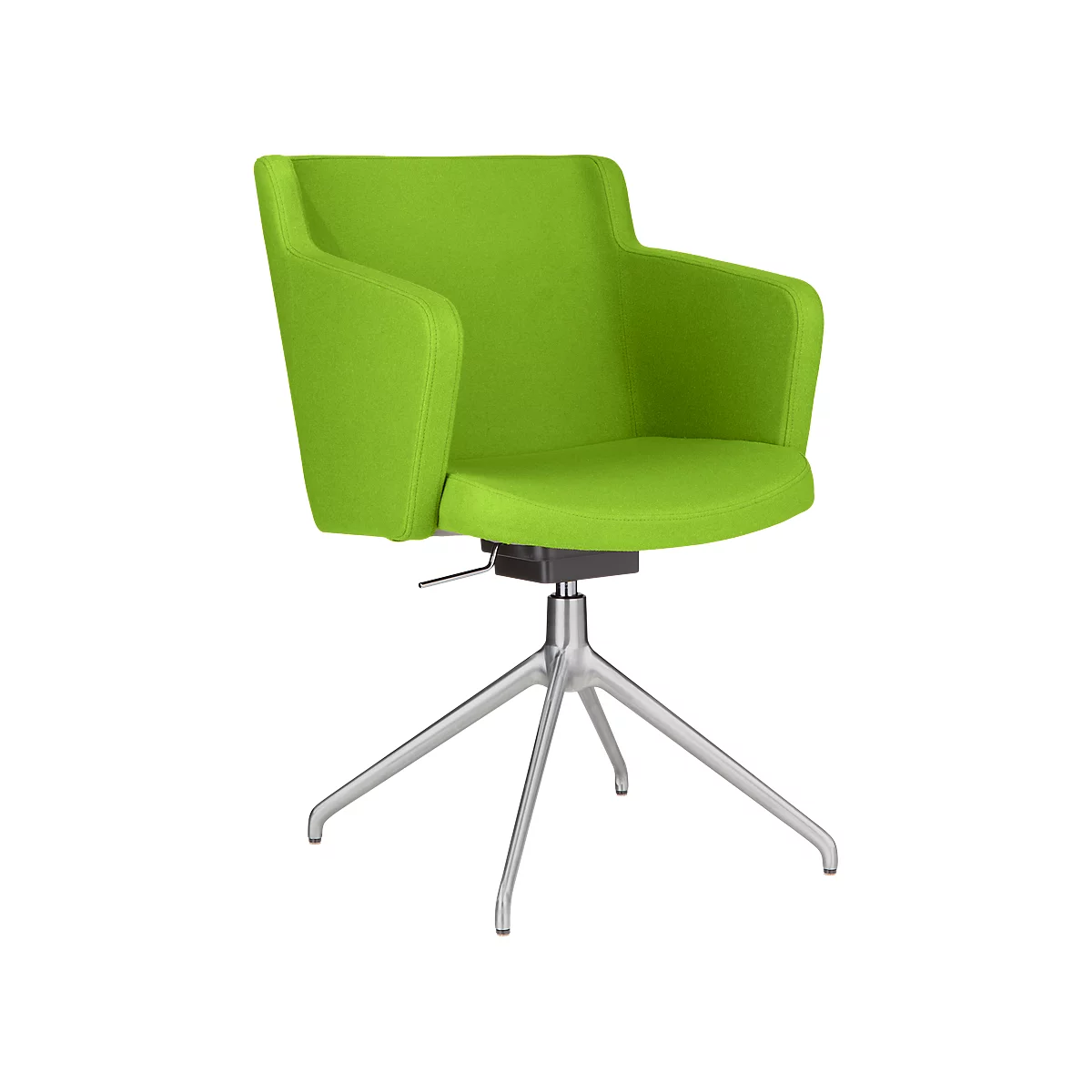 Green swivel chair, upholstered with armrests, on a silver base.