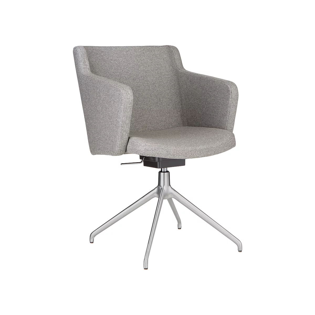 Gray office chair with armrests and metal base. The seat and backrest are upholstered in fabric.