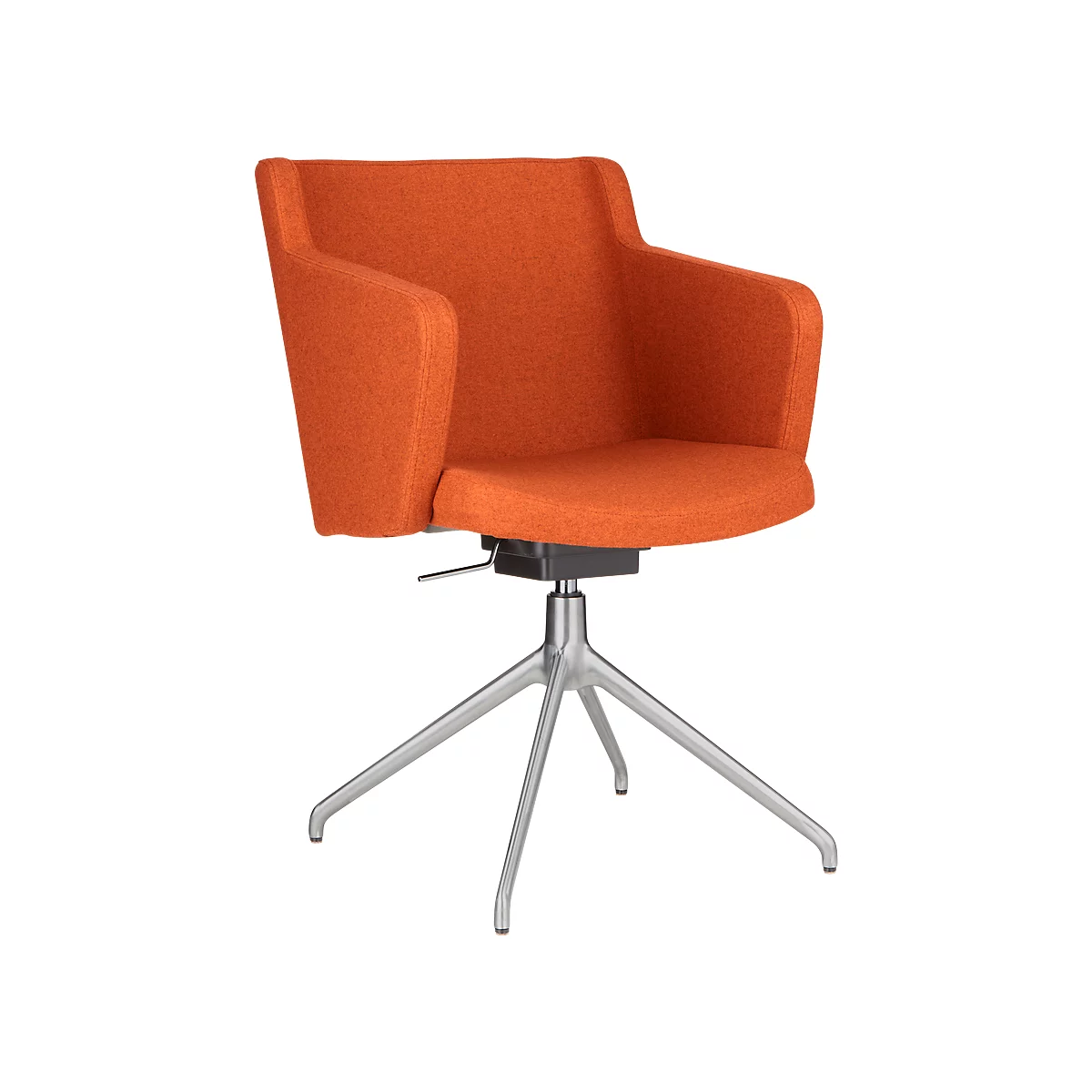 Orange swivel chair with silver base. The armrests are integrated.