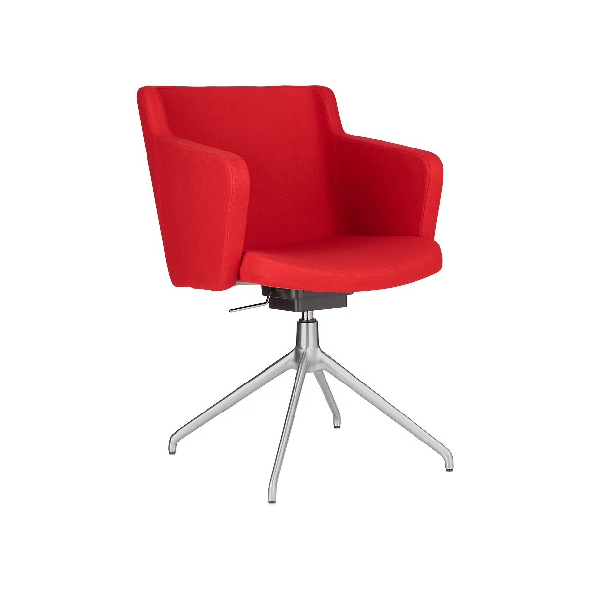 Red swivel chair with armrests and silver feet. Modern design.