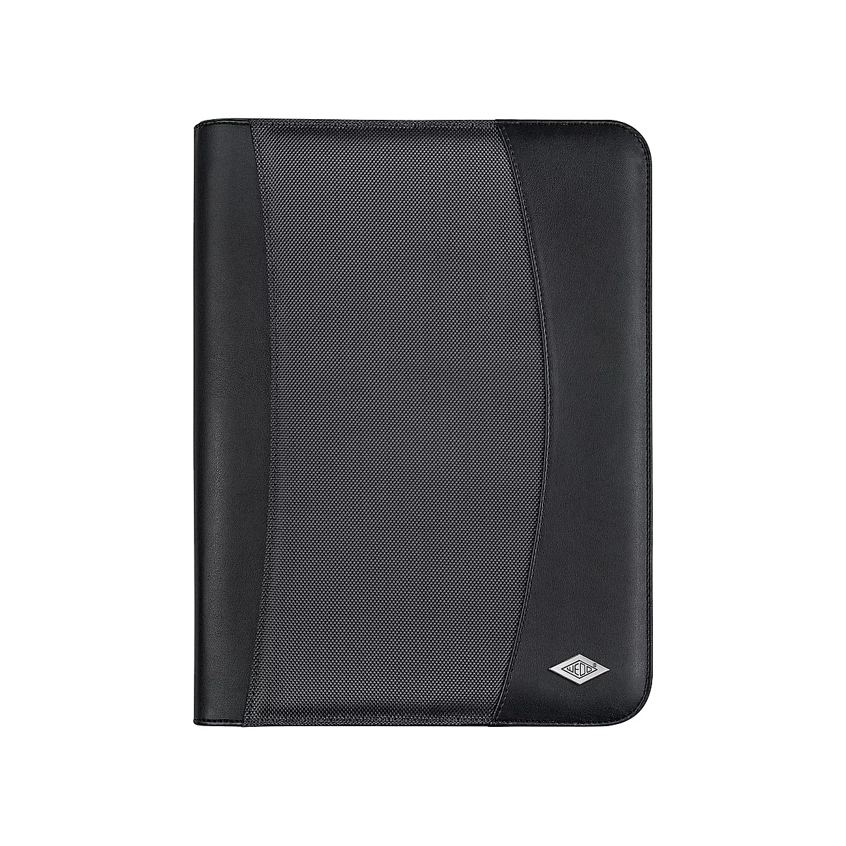 Black zippered file folder, rounded edges, with a logo in the lower right corner.