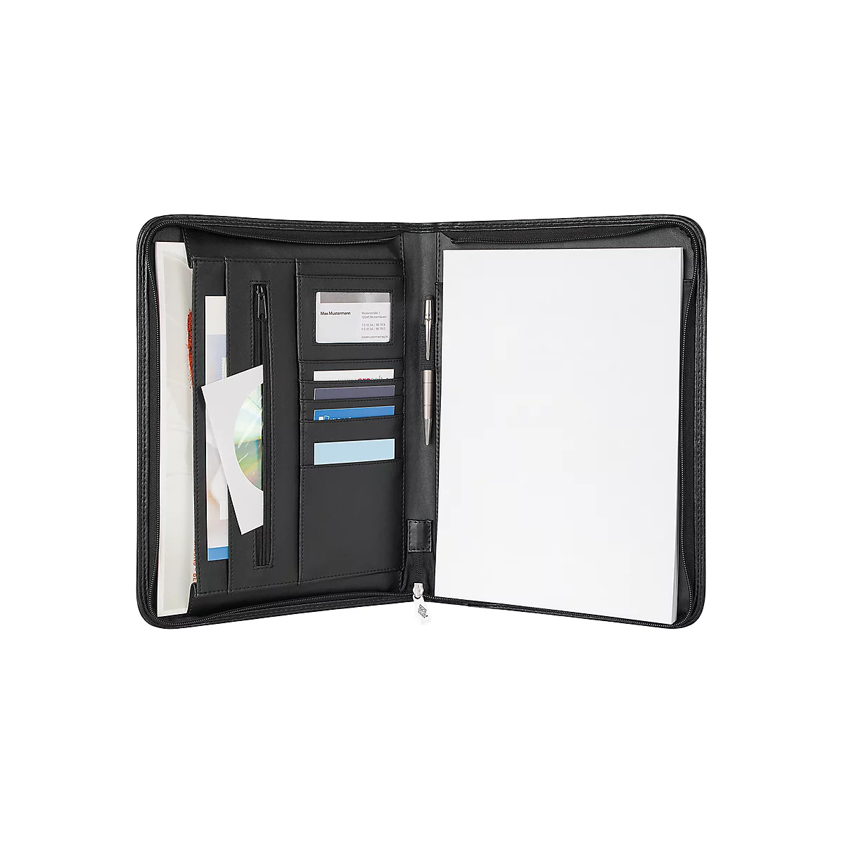 Opened black leather folder with documents and card slots on the left, paper on the right. Pen and zipper visible.