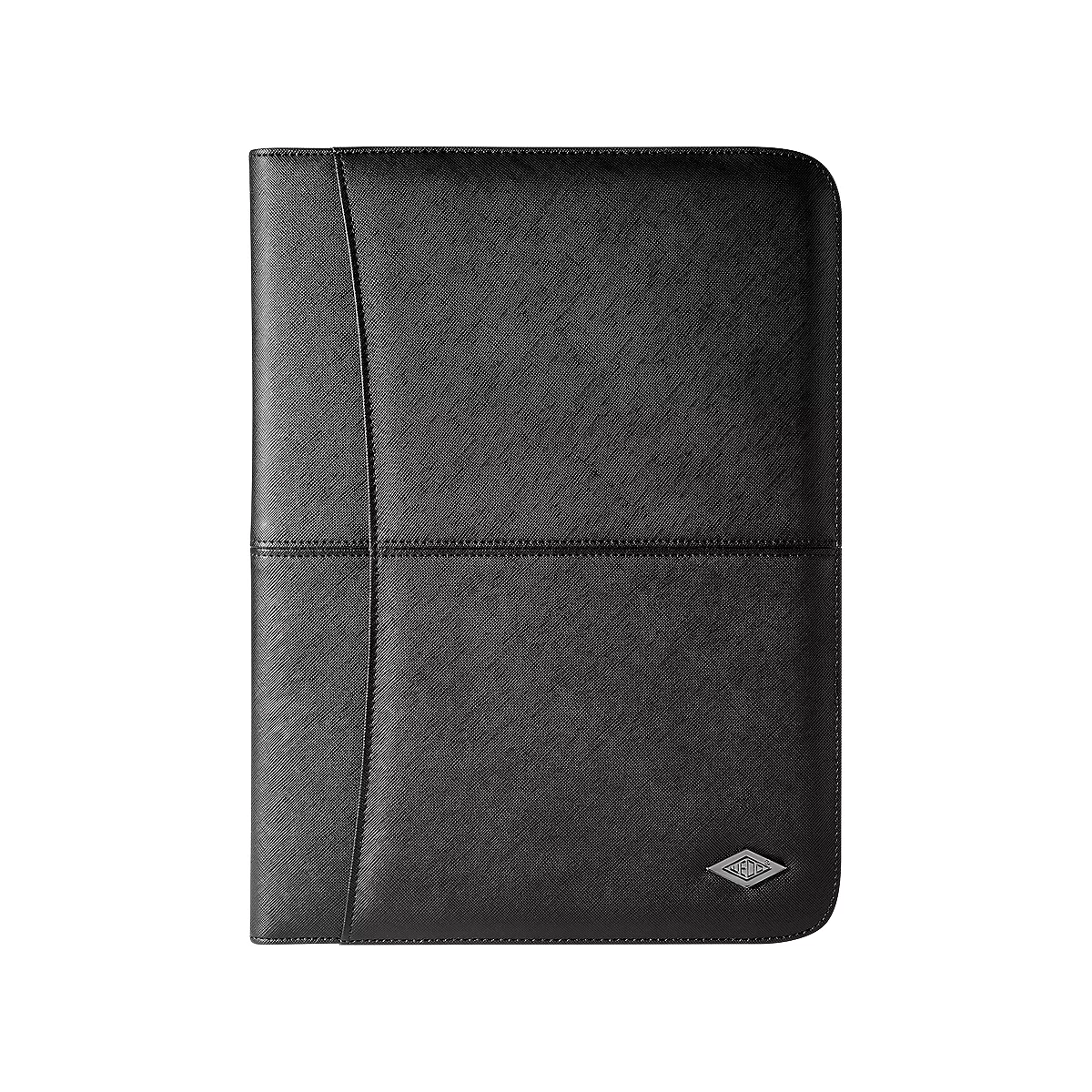 Dossier en cuir noir avec surpiqûres décoratives et logo argenté.