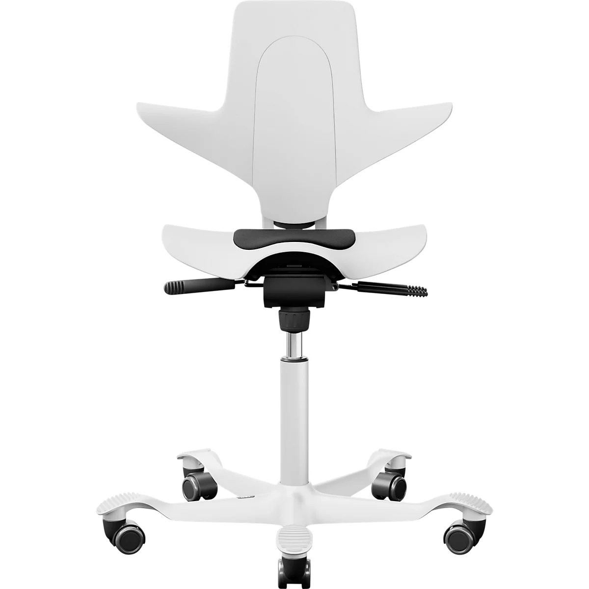 Conferentiestoel HÅG Capisco Puls 8010, in hoogte en diepte verstelbaar, gasveer, harde wielen, schuim, aluminium onderstel, wit/wit