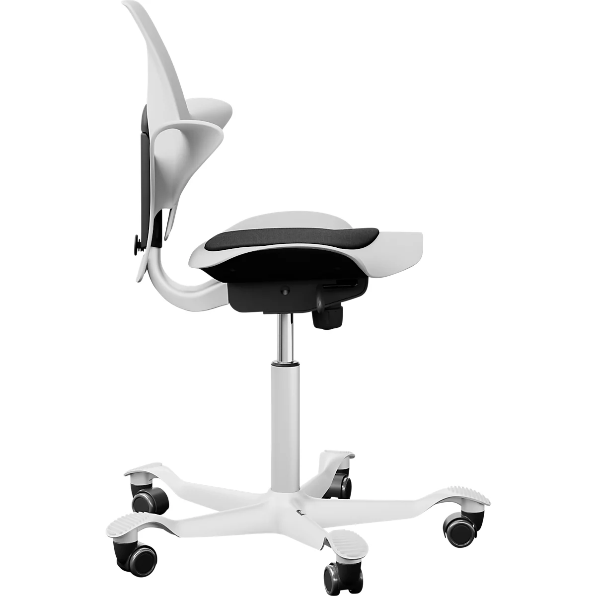 Conferentiestoel HÅG Capisco Puls 8010, in hoogte en diepte verstelbaar, gasveer, harde wielen, schuim, aluminium onderstel, wit/wit