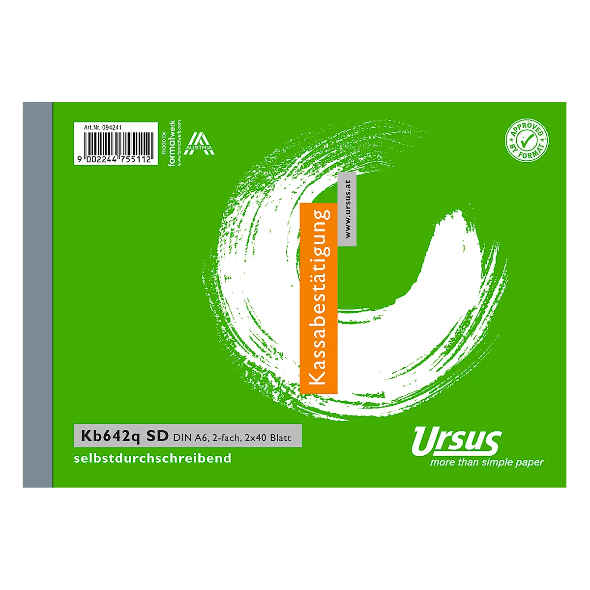 Carnet de reçus de caisse Ursus vert. Imprimé sont les informations sur le produit, le logo Ursus et un élément blanc et incurvé en arrière-plan.