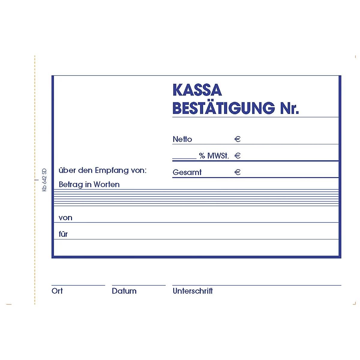 Formulaire de reçu avec des titres tels que "Kassa", "Bestätigung", des montants et des signatures.