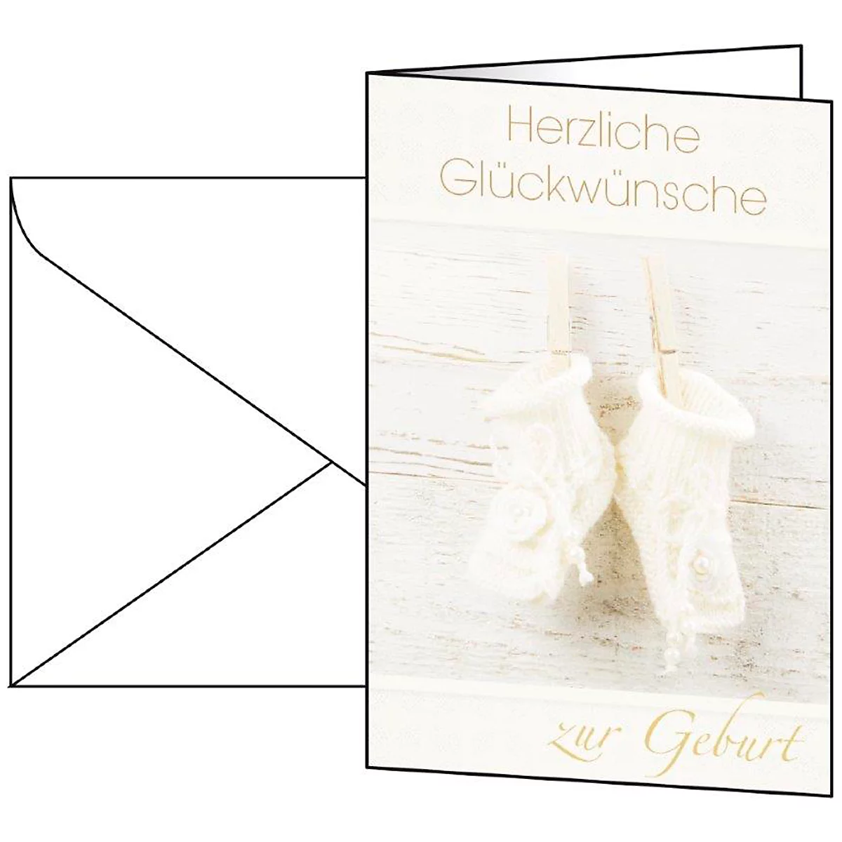Greeting card with baby socks, inscription "Herzliche Glückwünsche zur Geburt".