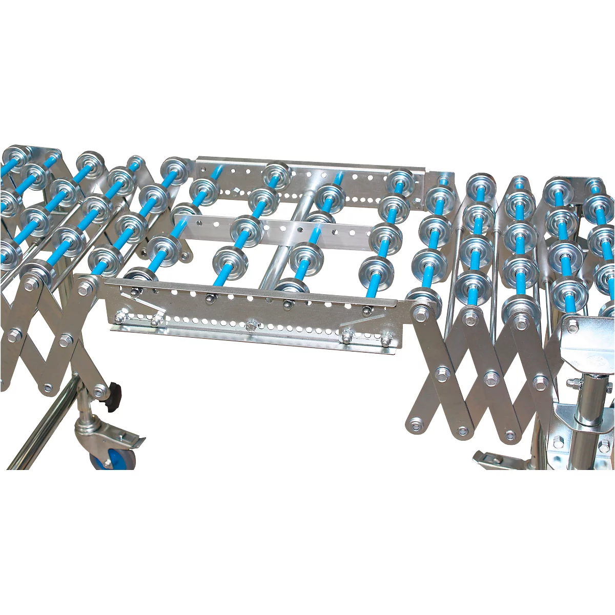 Extendable roller conveyor made of metal. Blue rollers on silver frames, on wheels.