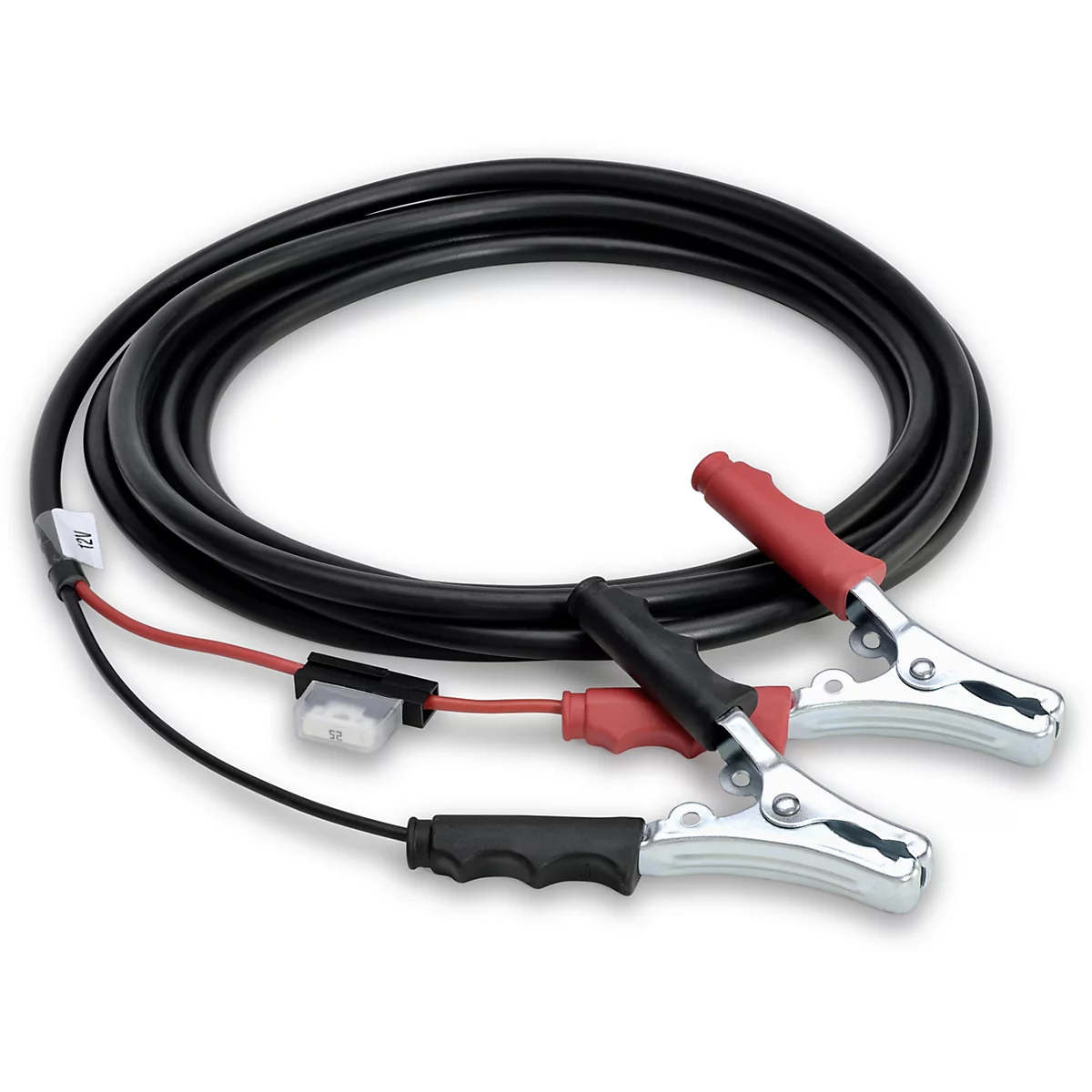 Black jumper cable with red and black clamps. A fuse box is visible.