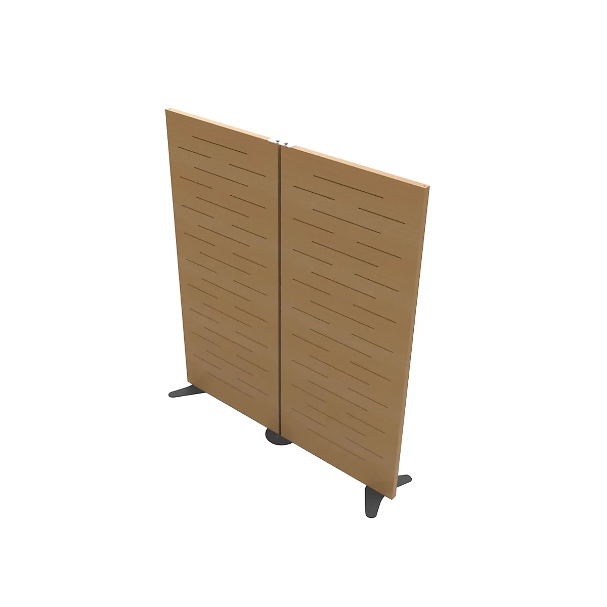Two wooden panels with diagonal slits, connected by hinges, stand on feet.