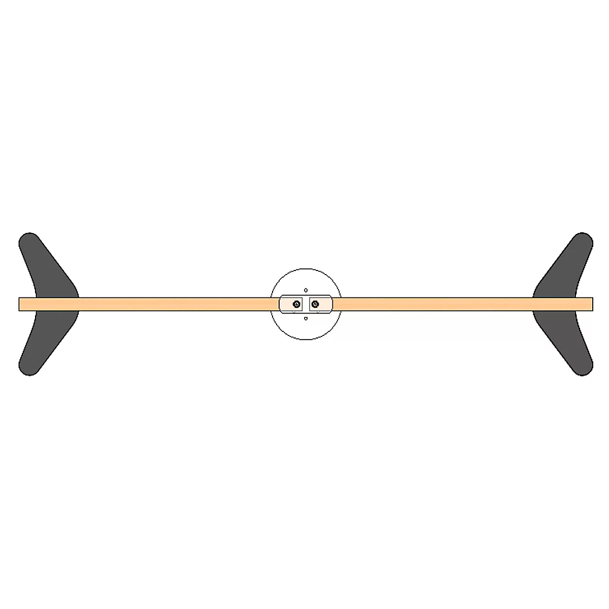 Top view of a toy propeller. It has a wooden stick with two gray wings and a white center.