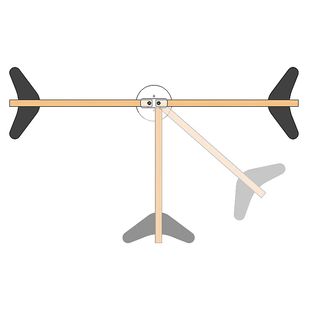 Schematic representation of a wooden wind turbine with black wings, which appears to be turning in the wind.