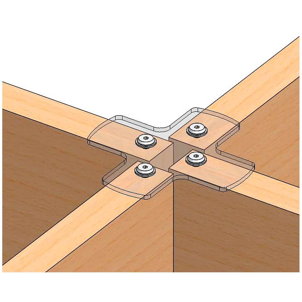 Wood joint with screws. A light wood frame is held together by transparent angles and silver screws.