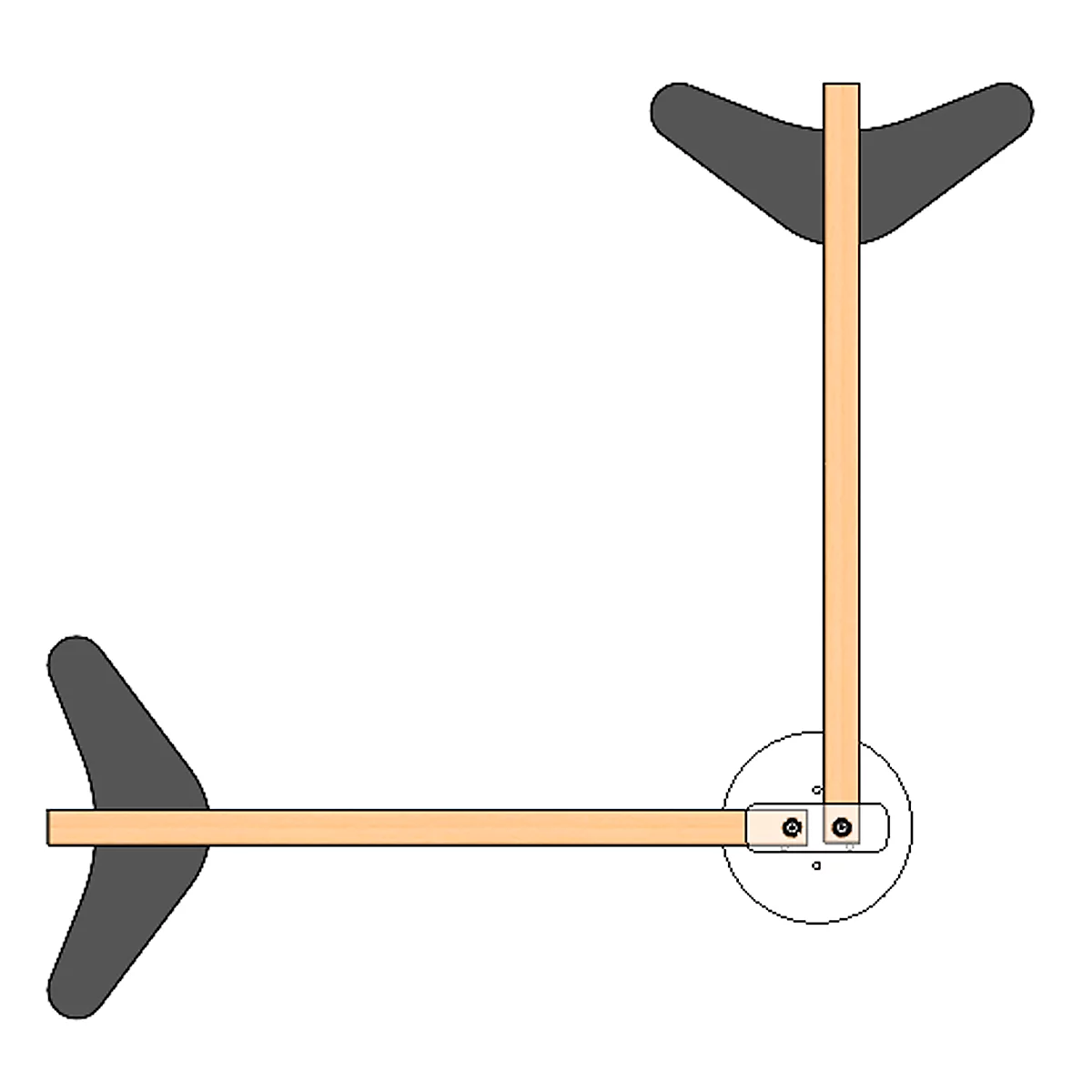Top view of a toy scooter with wooden frame and grey handles.