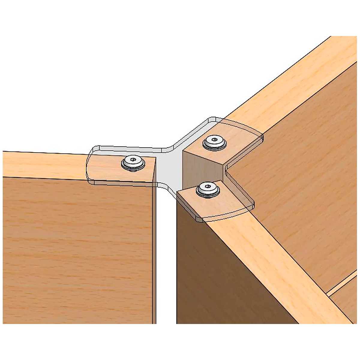 Close-up of a furniture connector. The transparent bracket connects three wooden panels with screws.