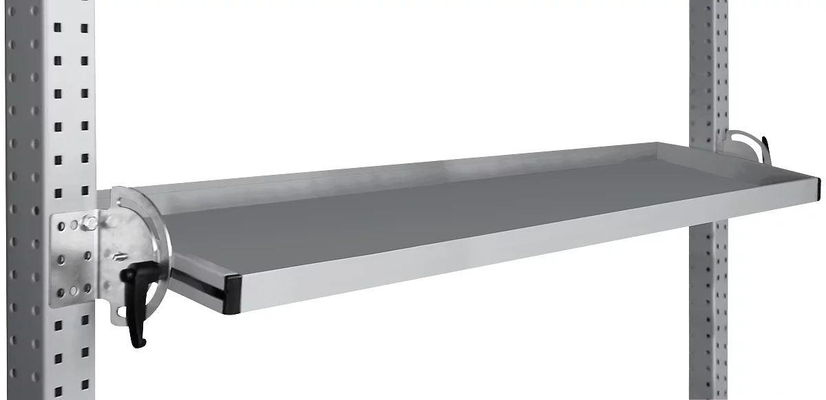 Consola de almacenamiento inclinable Manuflex, para serie Universal o Profi, profundidad útil 195 mm, para anchura de mesa 1500 mm, aluminio plateado
