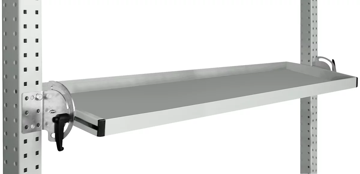 Consola de almacenamiento inclinable Manuflex, para serie Universal o Profi, profundidad útil 195 mm, para anchura de mesa 1500 mm, gris luminoso