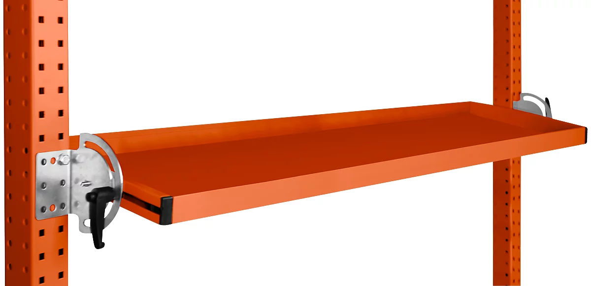 Consola de almacenamiento inclinable Manuflex, para serie Universal o Profi, profundidad útil 195 mm, para anchura de mesa 1500 mm, rojo anaranjado