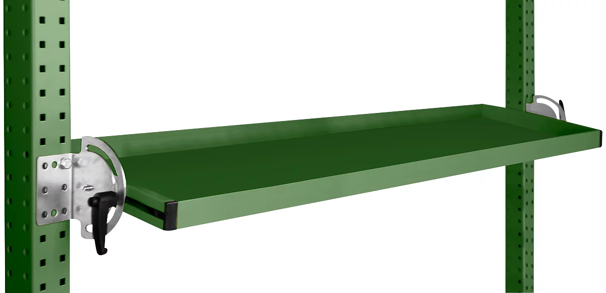 Consola de almacenamiento inclinable Manuflex, para serie Universal o Profi, profundidad útil 195 mm, para anchura de mesa 1500 mm, verde reseda