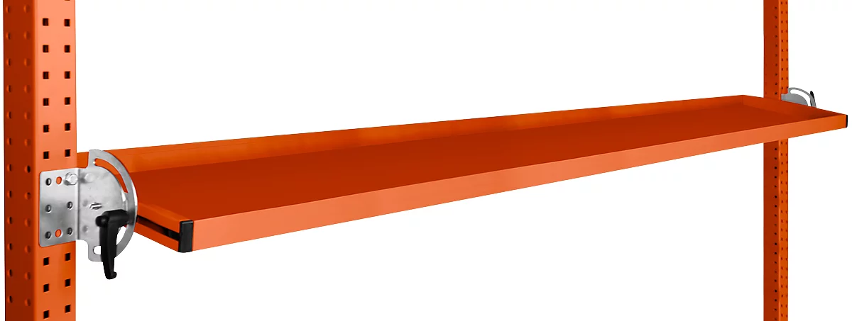 Consola de almacenamiento inclinable Manuflex, para serie Universal o Profi, profundidad útil 195 mm, para anchura de mesa 2000 mm, rojo anaranjado
