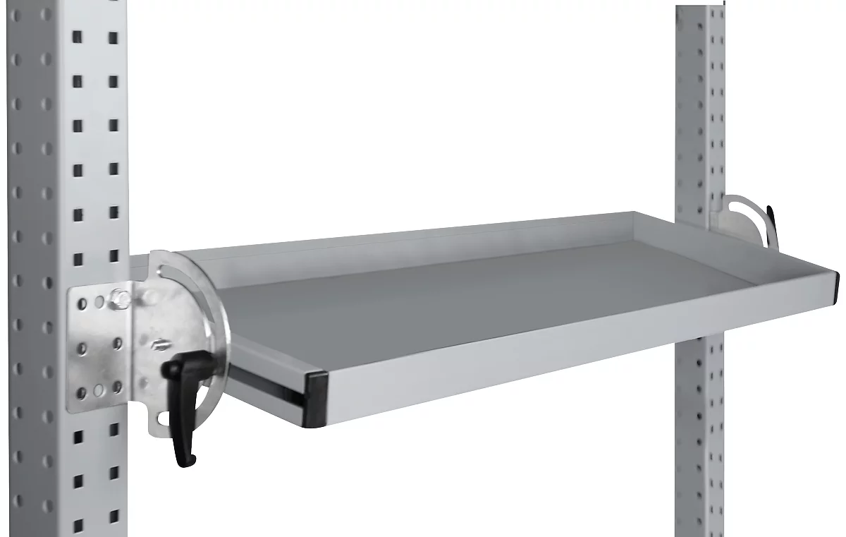 Consola de almacenamiento inclinable Manuflex, para serie Universal o Profi, profundidad útil 195 mm, para anchura de mesa 2500 mm, aluminio plateado