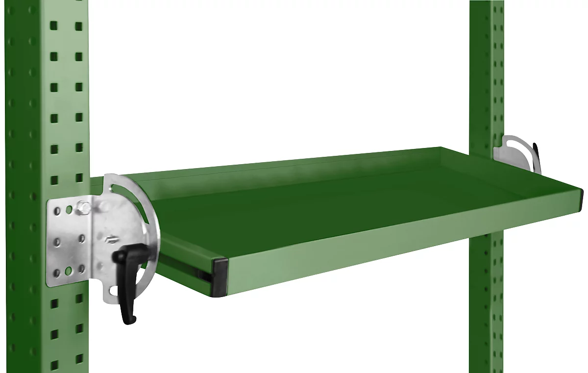 Consola de almacenamiento inclinable Manuflex, para serie Universal o Profi, profundidad útil 195 mm, para anchura de mesa 2500 mm, verde reseda