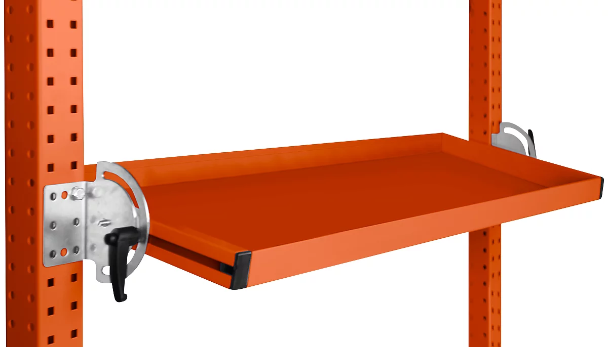 Consola de almacenamiento inclinable Manuflex, para serie Universal o Profi, profundidad útil 345 mm, para anchura de mesa 1250 mm, rojo anaranjado