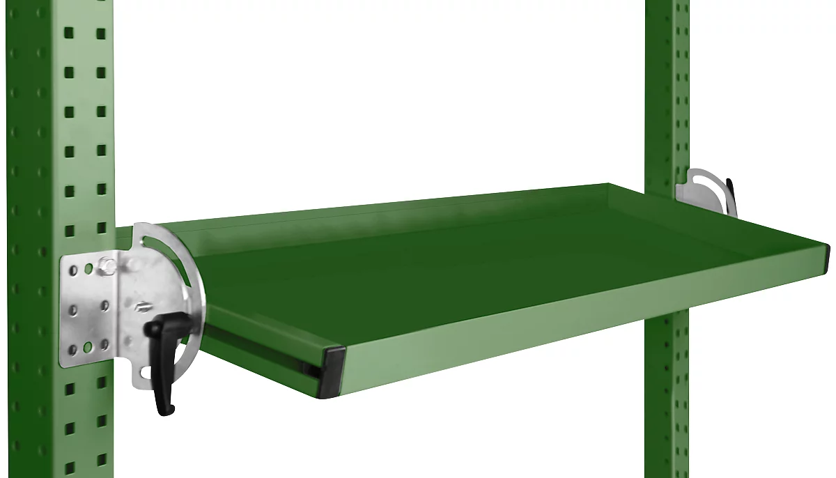 Consola de almacenamiento inclinable Manuflex, para serie Universal o Profi, profundidad útil 345 mm, para anchura de mesa 1250 mm, verde reseda