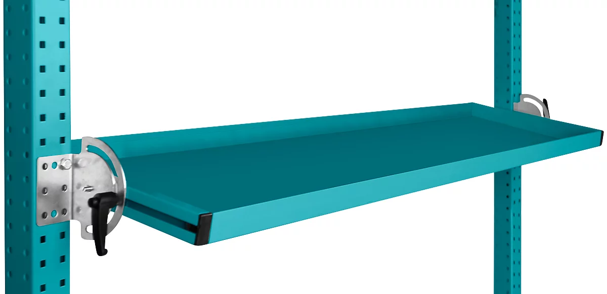 Consola de almacenamiento inclinable Manuflex, para serie Universal o Profi, profundidad útil 345 mm, para anchura de mesa 1500 mm, azul agua