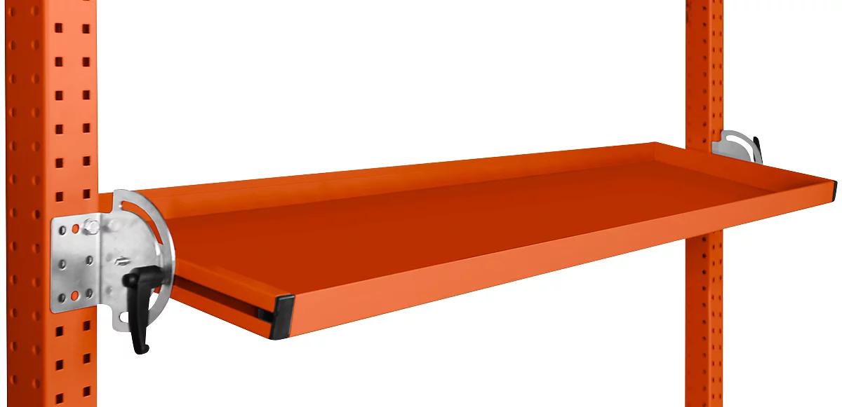 Consola de almacenamiento inclinable Manuflex, para serie Universal o Profi, profundidad útil 345 mm, para anchura de mesa 1500 mm, rojo anaranjado