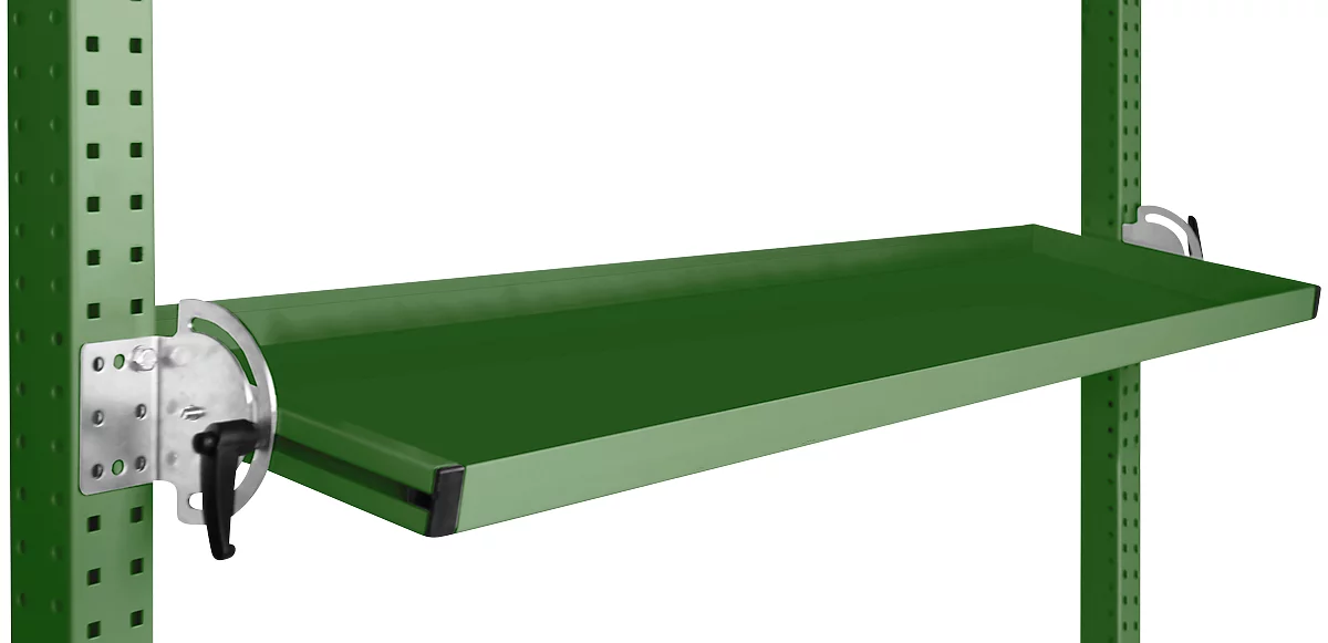 Consola de almacenamiento inclinable Manuflex, para serie Universal o Profi, profundidad útil 345 mm, para anchura de mesa 1500 mm, verde reseda