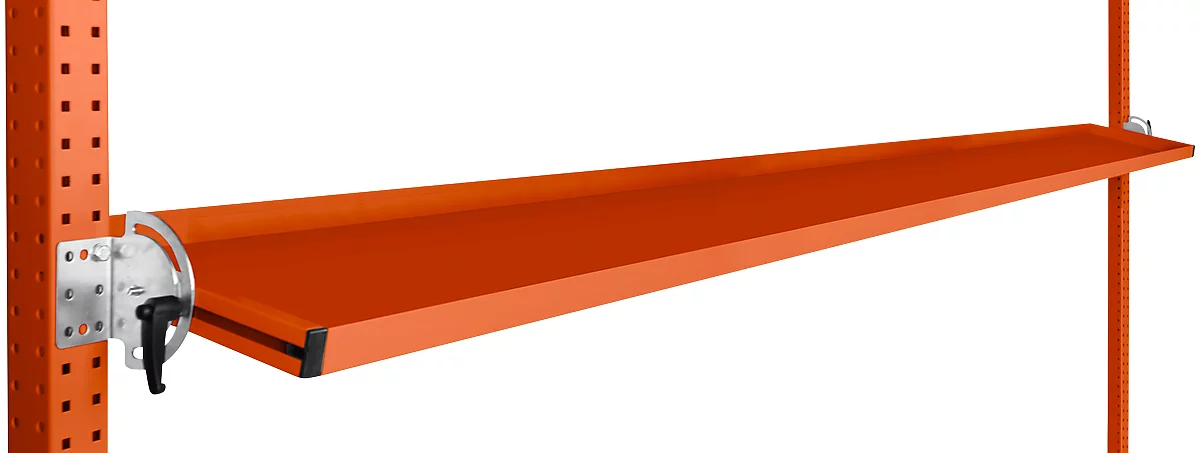 Consola de almacenamiento inclinable Manuflex, para serie Universal o Profi, profundidad útil 345 mm, para anchura de mesa 2000 mm, rojo anaranjado